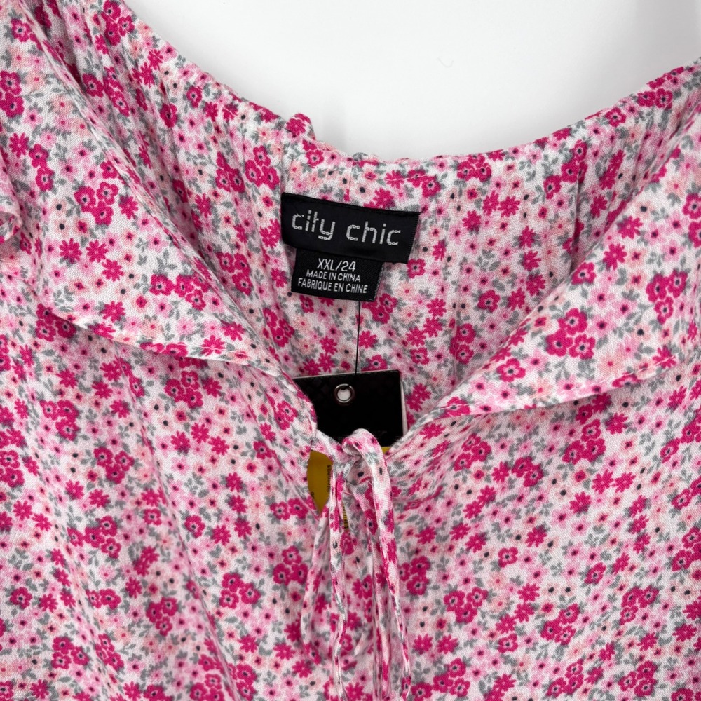 NWT City Chic Pink Foolish Ditsy Floral Ruffle Strap Tie Front Dress sz 24W - Picture 3 of 12